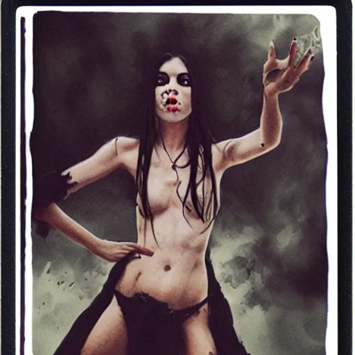 Image similar to full body portrait of a witch with black eyes by Cédric Peyravernay, detailed, instax