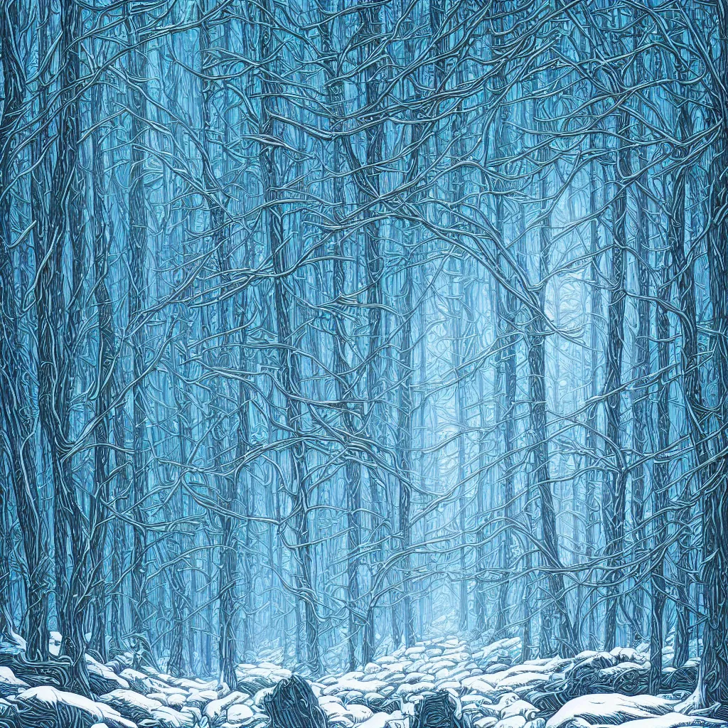 Image similar to An icy forest by Dan Mumford