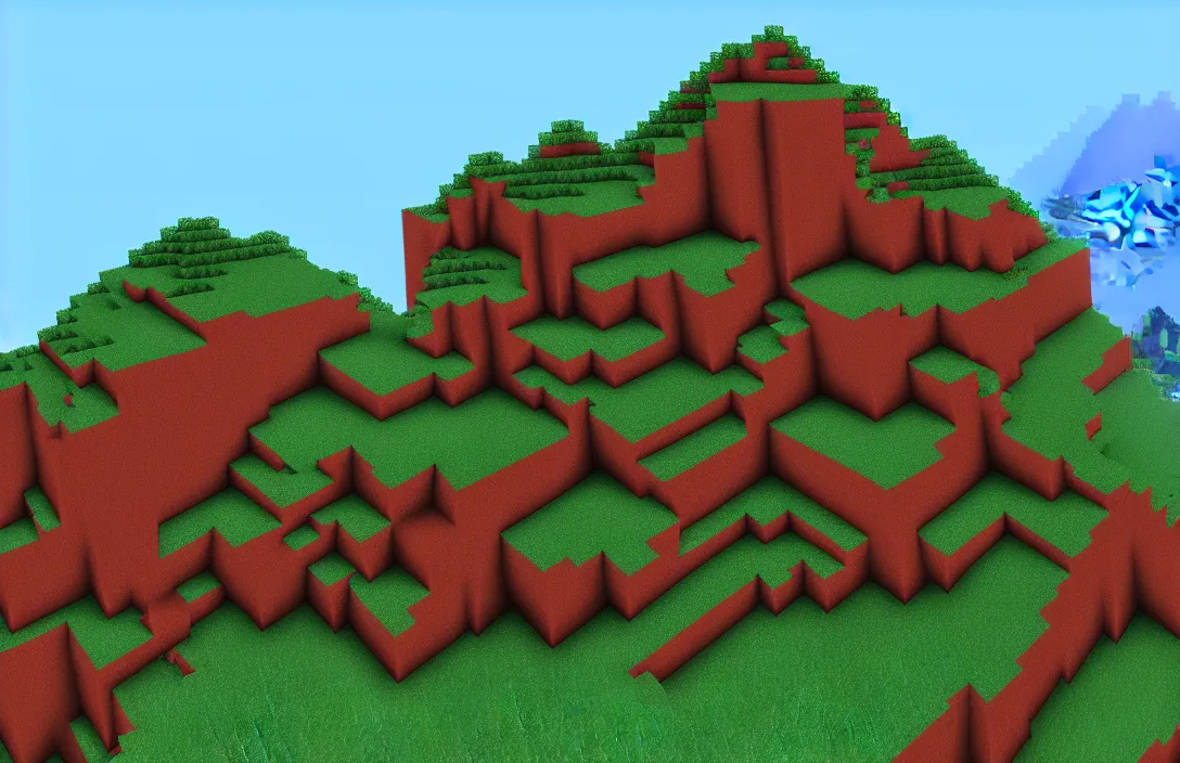 Image similar to realistic mountain in minecraft, hd, rtx enabled, shaders on