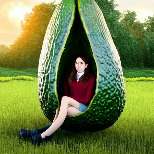 Prompt: hermione sitting sideways inside an a giant avocado legs inside, inside an a giant avocado, in a field, at hogwarts, ultra realistic, morning, 4 k, cinematic lighting, avocado suit, sitting in an avocado, realistic, photography - n 4