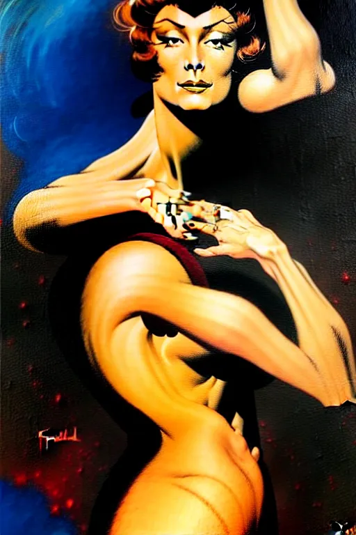 Image similar to beautiful woman by frank frazetta painted over a print of abstract suprematic painting