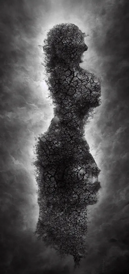 Image similar to dramatic matte portrait painting of woman with black mandelbrot fractal instead of face, horror, body horror, dark art, 4 k, detailed, realistic, psychotic, insane, crazy, mental illness, dramatic,