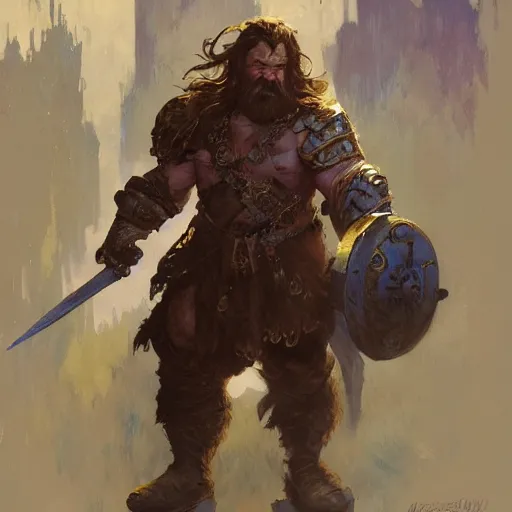 Prompt: A dwarven warrior, art by Craig Mullins, Simon Bisley, Gregory Manchess, Fernanda Suarez, Artem Demura, Alphonse Mucha, Donato Giancola, trending on artstation, digital art