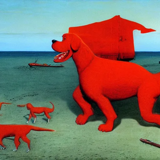 Prompt: clifford the big red dog storming the beaches of normandy in world war two, historical photograph painted by zdzisław beksinski