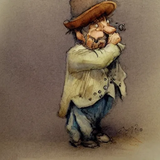 Image similar to a muted color watercolor sketch of a old man little person dancing from story book character ifrom the book Baltimore & Redingote by Jean-Baptiste Monge of an old man in the style of by Jean-Baptiste Monge that looks like its by Jean-Baptiste Monge and refencing Jean-Baptiste Monge