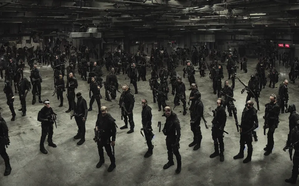 Prompt: two groups of thug gangs standing in front of eachother, wearing black tactical outfits and weapons, are making a trade of glowing technology, inside a dim lit warehouse with wet floor, space western aesthetic, cinematic composition, cinematic colors, 3 5 mm lens, roger deakins style, realistic, imax quality