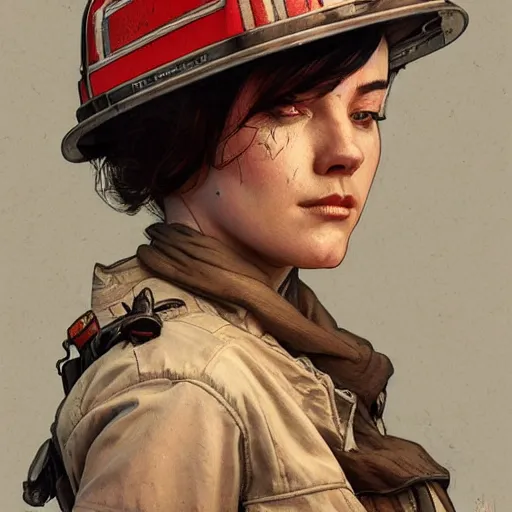 Image similar to portrait of a hero firefighter, bruised, covered in dirt, confident and proud, dramatic, intricate, headshot, highly detailed, digital painting, artstation, concept art, sharp focus, cinematic lighting, illustration, art by artgerm and greg rutkowski, alphonse mucha, cgsociety