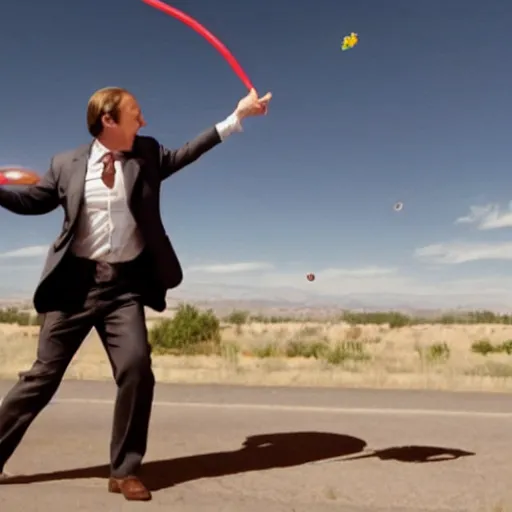 Image similar to saul goodman throwing dart at red ballon, still from better call saul