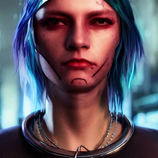 Image similar to detailed realistic cyberpunk female character cyberpunk wearing large steel collar around neck, realistic, art, beautiful, 4K, collar, choker, collar around neck, punk, artstation, detailed, female, woman, choker, cyberpunk, neon, punk, collar, choker, collar around neck, thick collar, choker around neck, wearing choker, wearing collar, bright neon punk hair, collar, choker,