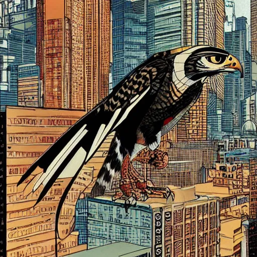 Prompt: falcon morphed with calico cat highly detailed in the style of “ frank miller ” and katsuhiro otomo tokyo cityscape