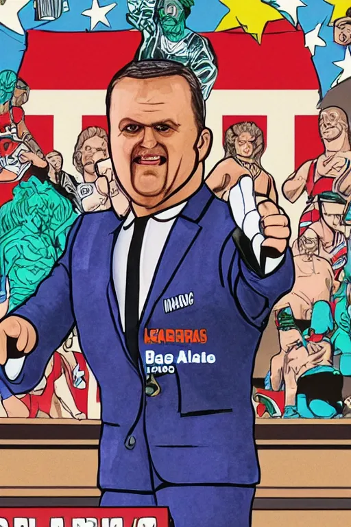 Image similar to detailed illustration, anthony albanese as a 1 9 8 0 s wrestling action figure, prime minister of australia