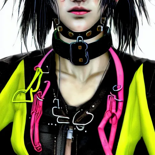 Image similar to detailed realistic cyberpunk female character cyberpunk wearing large steel collar around neck, realistic, art, beautiful, 4K, collar, choker, collar around neck, punk, artstation, detailed, female, woman, choker, cyberpunk, neon, punk, collar, choker, collar around neck, thick collar, choker around neck, wearing choker, wearing collar, bright neon punk hair, collar, choker,