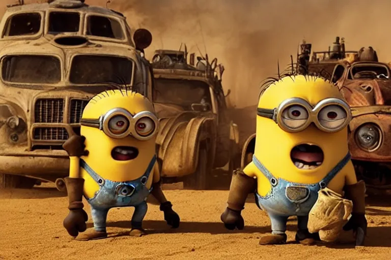 Image similar to a Minions vs Mario, yellow and red, mechabot, in the Movie Mad Max: Fury Road 2015, epic sandstorm battle, action