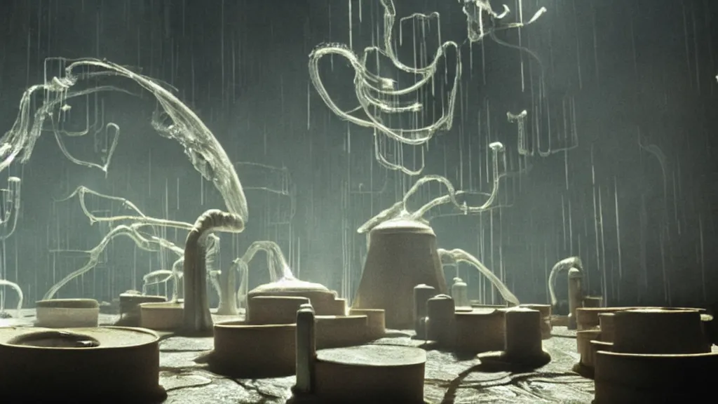 Image similar to glowing oil, in a giant vat, film still from the movie directed by denis villeneuve and david cronenberg with art direction by salvador dali and dr. seuss