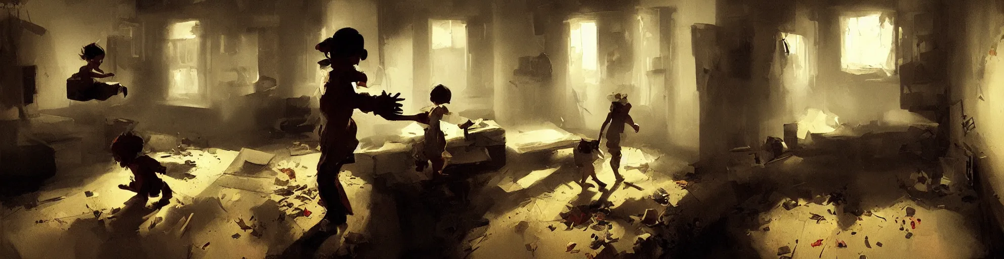 Image similar to a kid entering in a hoarder's room, dark atmosphere. by sergey kolesov and phil hale