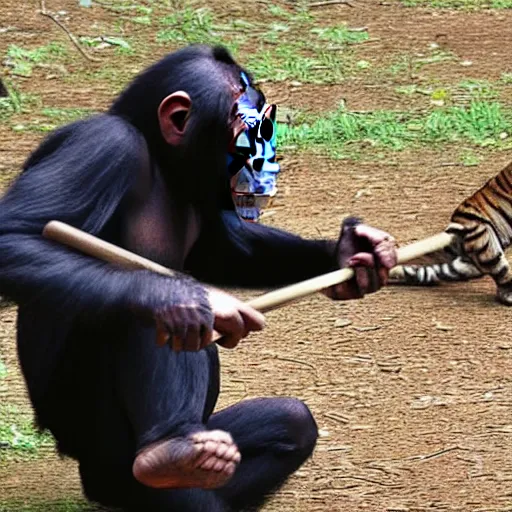 Image similar to chimpanzee fighting a tiger with a sledgehammer, phone recording,