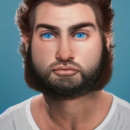 Image similar to A realistic portrait of a 30 year old male with blue eyes, brown medium length hair, bushy eyebrows and a short beard