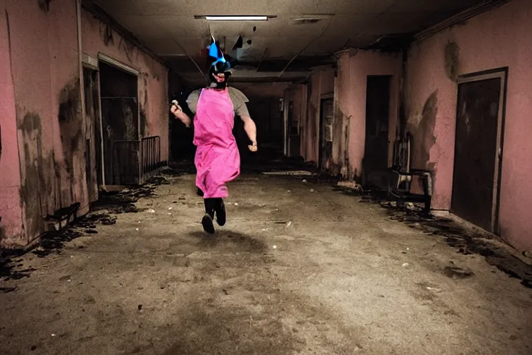 Image similar to batman wearing pink apron wielding an axe, chasing through old brown decrepit hallway, running toward camera, creepy smile, atmospheric eerie lighting, dim lighting, bodycam footage, motion blur, photograph