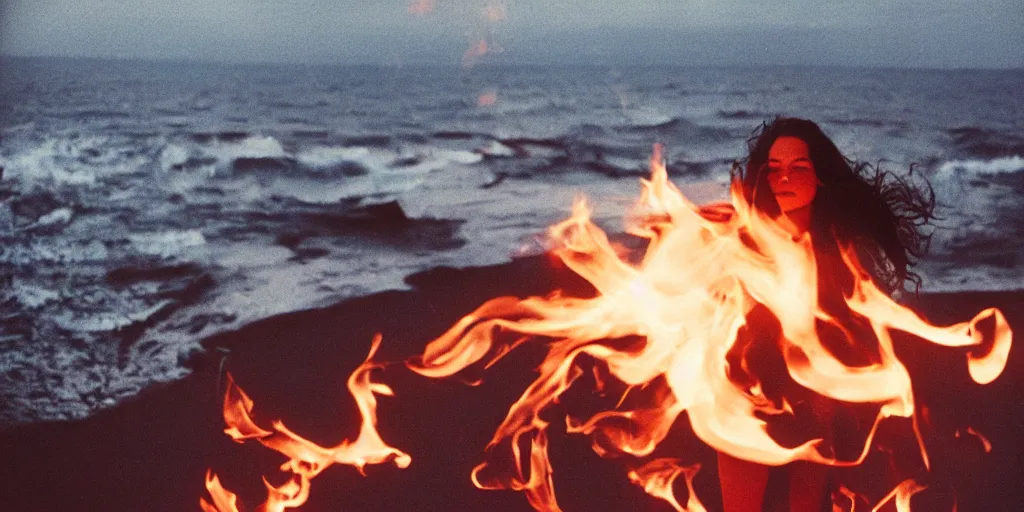 Prompt: woman in flames, on the sea coast, 35mm film