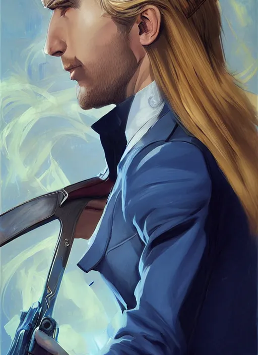 Image similar to artgerm portrait painting of a blond man in a blue suit with a sword and a pistol, asymmetrical, profile picture, organic painting, sunny day, matte painting, bold shapes, hard edges, street art, trending on artstation, by huang guangjian, gil elvgren, ruan jia, randy vargas, greg rutkowski