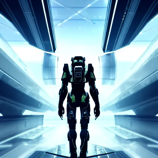 Image similar to cyberpunk halo character walking on a space bridge, close shot, reflection, epic, dramatic, cinematic, award winning, ultra detailed, realistic