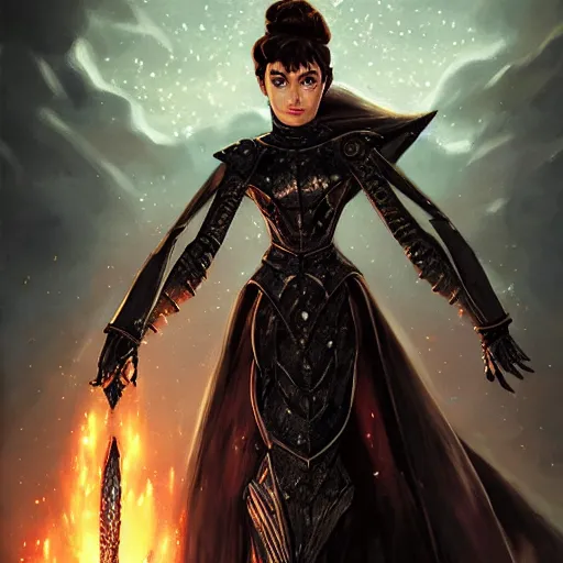 Prompt: Audrey Hepburn, battle armour, casting epic spell, magic the gathering artwork, D&D, fantasy, cinematic lighting, centered, symmetrical, highly detailed, digital painting, artstation, concept art, smooth, sharp focus, illustration, volumetric lighting, epic Composition, 8k, art by Akihiko Yoshida and Greg Rutkowski and Craig Mullins and Daniel Dociu, heroic pose, oil painting, cgsociety, magic lab background