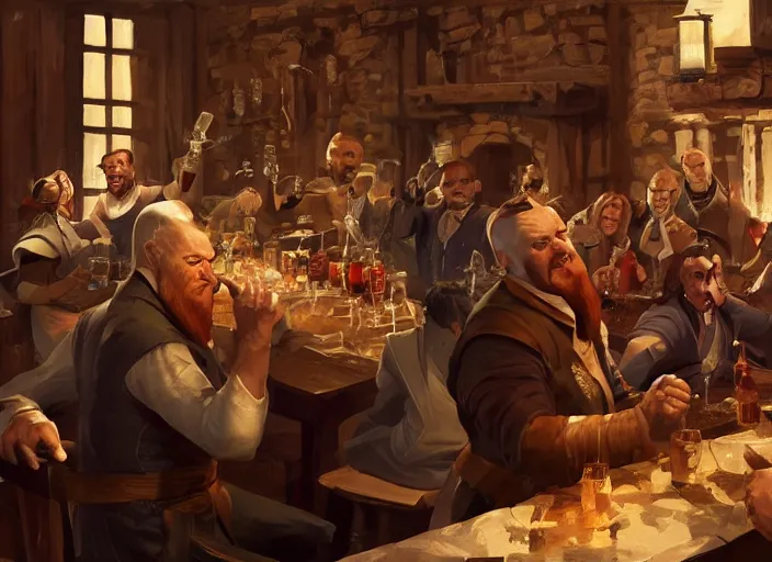 Prompt: medieval rich kingpin sitting in a tavern with his thugs, drinking and cheering, few subjecs, elegant, close frontal shot, digital painting, concept art, smooth, sharp focus, illustration, from d & d by ruan jia and mandy jurgens and artgerm and william - adolphe bouguerea