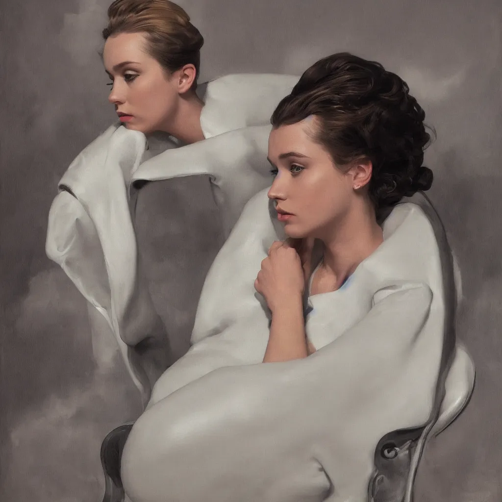 Image similar to meredit frampton sitting on a white leather chair, head and shoulders portrait, stormy weather, extremely detailed masterpiece, oil on canvas, low-key neon lighting, artstation, Blade Runner 2049, Roger Deakin’s cinematography, by J. C. Leyendecker and Peter Paul Rubens and Edward Hopper and Michael Sowa