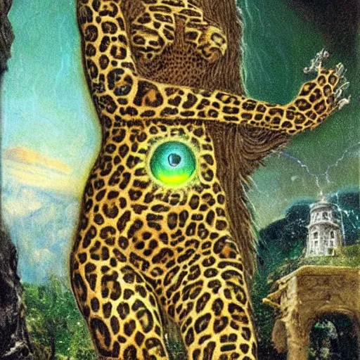 Prompt: extraterrestrial divine godly witch's garden square leopard tequila ophanim entree, by arnold bocklin and guido borelli da caluso and h. p. lovecraft, tarot card, quantum wavetracing, postmodern