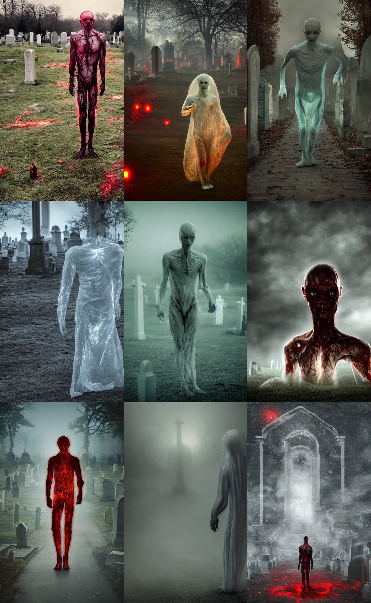 Prompt: a full long shot photo of a translucent alien being, invisible, streets, ghost, creepy, horror, scary, stressful, caucasian, nighttime, cemetery, bloody, blood everywhere, very bloody, cinematic, legendary, epic, glow up, realistic, 8 k, hdr, extremely detailed