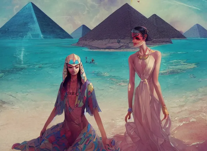 Image similar to lee jin - eun in luxurious dress emerging from turquoise water in egyptian pyramid city during an eclipse by peter mohrbacher, conrad roset, m. k. kaluta, martine johanna, rule of thirds, elegant look, beautiful, chic, face anatomy, cute complexion