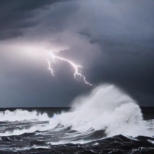 Prompt: Stormy sea, big waves, rain, lightning, gray clouds, old wooden ship, giant tentacles rising from water, Canon EOS R3, f/1.4, ISO 200, 1/160s, 8K, RAW, unedited, symmetrical balance, in-frame.