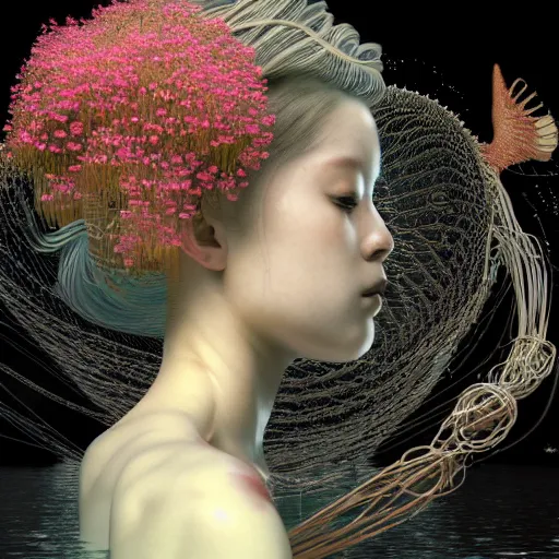 Image similar to prompt: Fragile looking vessel portrait face drawn by Katsuhiro Otomo, beautiful girl in lake with shining face octane 3d render super detailed, nymph in the water performing alchemy, small flowers and cables and wire around and on the side with artifacts and ancient book, intricate oil painting, high detail, Neo-expressionism, gnarly details