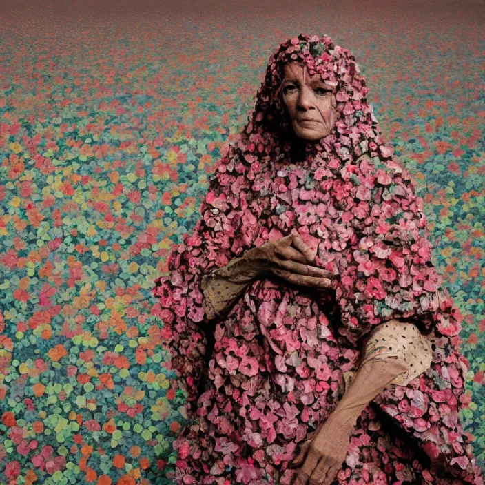 Prompt: a closeup portrait of a woman wearing a cloak made of plastic and mud, in an infinite landscape of flowers, photograph by paula rego, canon eos c 3 0 0, ƒ 1. 8, 3 5 mm, 8 k, medium - format print