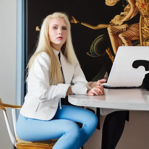 Image similar to 19-year-old Aristocratic platinum-blonde-haired hime-cut blue-eyed French empress wearing white leggings and black jacket, sitting in office, chatting with communist officer, futuristic gadgets, HD photograph