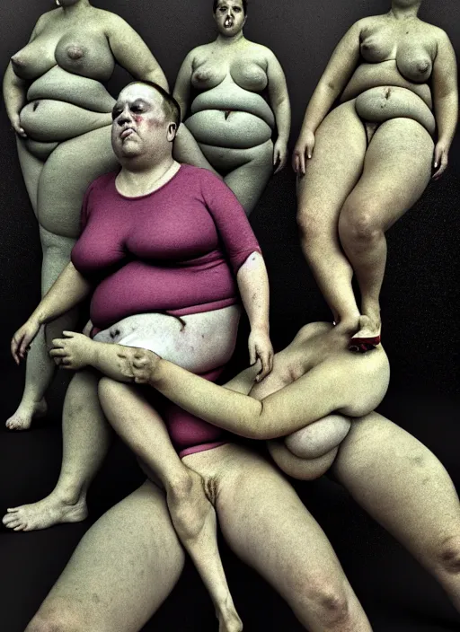 Prompt: fat womanand special forces entwined floating inside a brutalist space, gothic, by francis bacon, adrian ginn, james ginn, petra courtright, jenny saville, part gerhard richter, masterpiece. rendered in blender, ultra realistic, smooth shadows, ultra detail, high resolution, cinematic unreal 6, 8 k 3 d