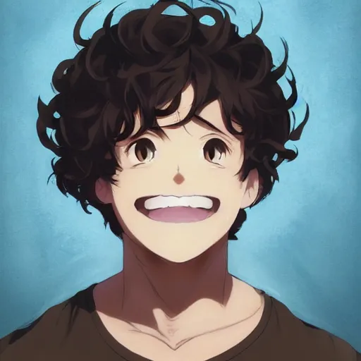 Prompt: An anime portrait of a happy mid-sized anime man with extremely short curly brown hair, closed lips, smiling, chubby face, brown eyes, without glasses, wearing a t-shirt, his whole head fits in the frame, solid background, by Stanley Artgerm Lau, WLOP, Rossdraws, James Jean, Andrei Riabovitchev, Marc Simonetti, and Sakimi chan, trending on artstation