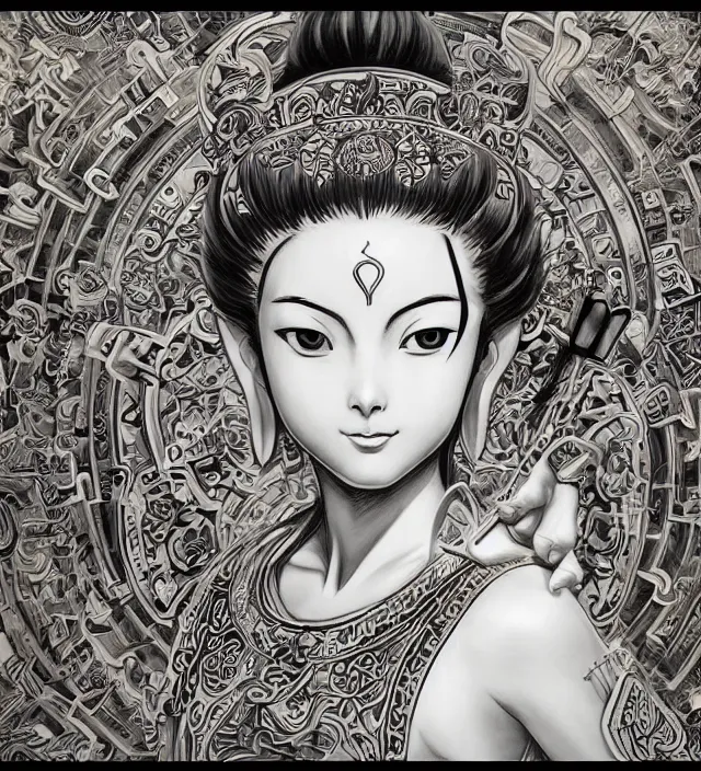 Image similar to buddhist taoist drawing painting mural of a beautiful girl portrait in alex ross escher gantz onepunchman style detailed trending award winning