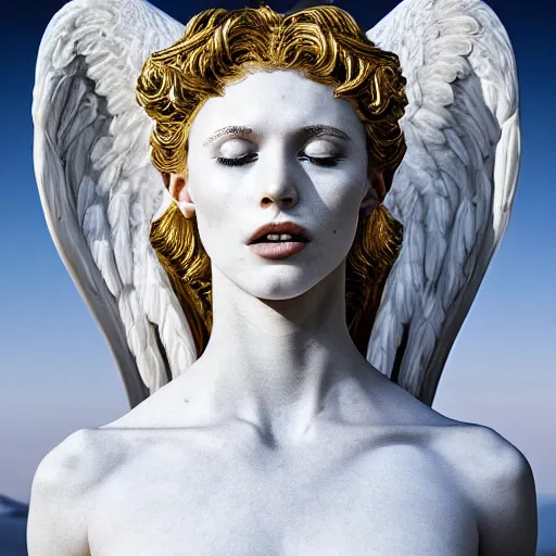 Image similar to a statue made of white marble with gold veins, of an beautiful gorgeous angel girl, full body shot, perfect symmetrical body, perfect symmetrical face, no eyes, hyper realistic, hyper detailed, fujicolor superia 1 6 0 0 photo, by johannen voss, by peter kemp, by monia merlo, by michelangelo octane render, blender, 8 k