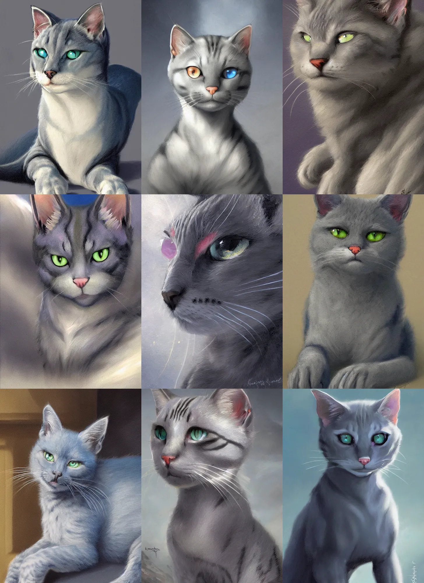 Prompt: Ashfur from Warrior Cats, a light gray cat with dark specks, blue eyes!, classical style, art by Kenne Gregoire and Paul Gustav Fischer and Ross Tran and Greg Rutkowski