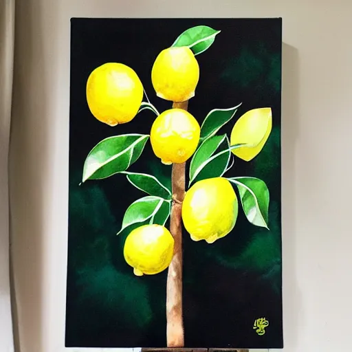 Prompt: A beautiful lemon tree, trending on artstation, water color on canvas