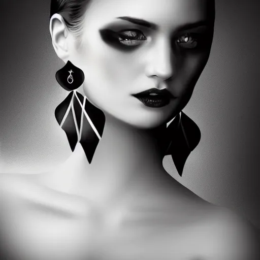 Prompt: digital art painting portrait of elegant gothic lady with earrings, black and white, high quality, texutred, dark background, mystic, perfect lighting, high contrast, arstation, artgerm, wlop, 4 k
