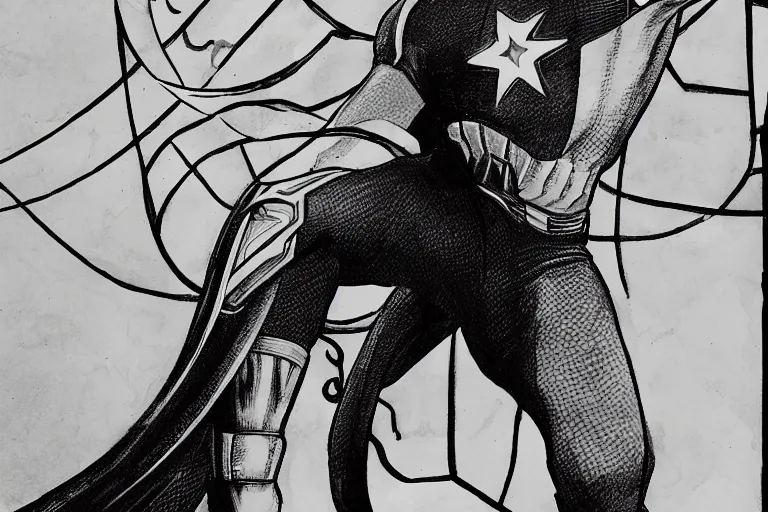 Image similar to black and white drawing of captain america wearing doctor strange costume by sandro botticelli in 4 k ultra high resolution, with inspiring feeling