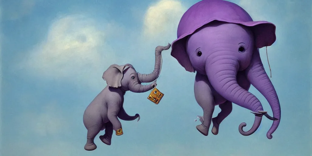 Prompt: a purple elephant flying in the air like dumbo, illustration, detailed, smooth, soft, warm, by Adolf Lachman, Shaun Tan, Surrealism