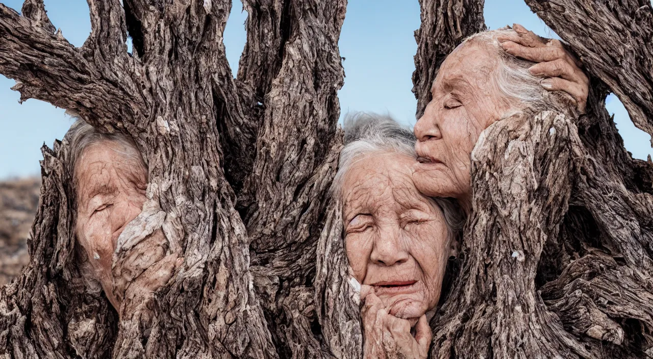 Image similar to close-up of a 65-year-old Gaia, crying calmly, facing the camera and standing in front of a dried up river in a desolate land, dead trees, blue sky, hot and sunny, highly-detailed, elegant, dramatic lighting, artstation, 4k, cinematic landscape, photograph by Elisabeth Gadd