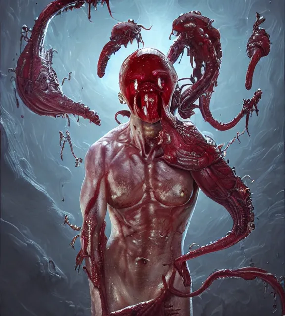 Prompt: portrait of a bloodied ornate filigreed slime dripping genderless insect alien monster, muscles, rippling, space warping and twisting, ultra realistic, concept art, intricate details, eerie, highly detailed, photorealistic, octane render, 8 k, unreal engine. art by artgerm and greg rutkowski and alphonse mucha