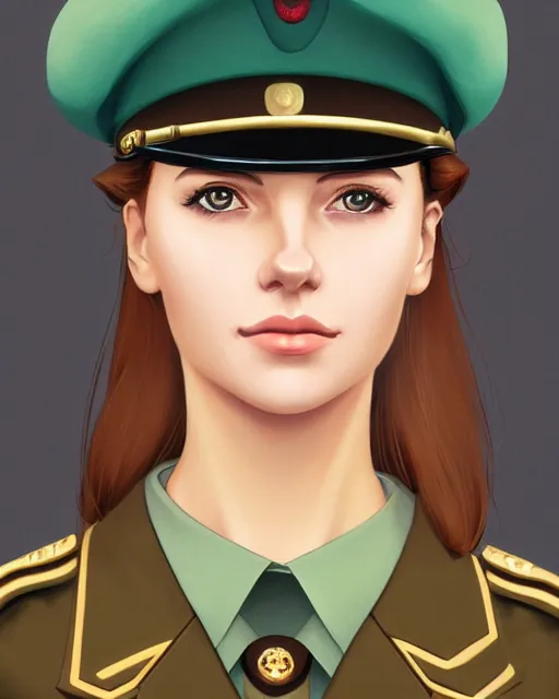Prompt: portrait of young woman with light brown hair and hazel eyes dressed in a sharp dark teal military uniform with beret, ilya kuvshinov, anime, digital painting