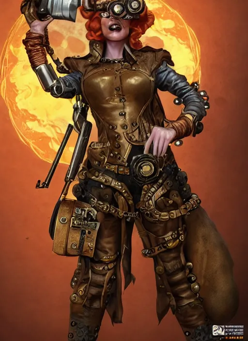 Image similar to 8K, realistic ginger Lady Mechanika as a Marvel comic book character holding a shotgun and wearing victorian goggles in a ultradetailed Steampunk scenary, 8k render, zbrush, D&D style, smooth, sharp focus, illustration. Art by Artgerm and Pete Tapang and Kago Shintaro. Trending on artstation, featured in Deviantart, detailed, intricate, cinematic lighting,