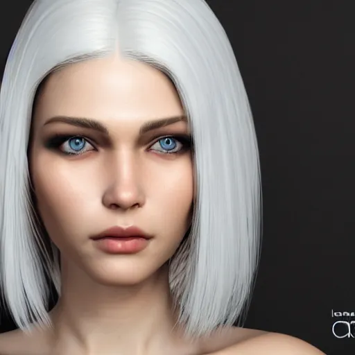 Prompt: Beautiful woman, straight hairstyle, white eyes, white hair, realistic render, short hair, unreal engine render, Icaro Carvalho