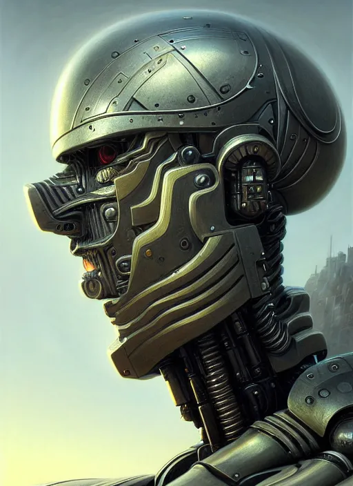 Image similar to closeup portrait shot of a robot soldier in a scenic dystopian environment, intricate, elegant, highly detailed, centered, digital painting, artstation, concept art, smooth, sharp focus, illustration, artgerm, tomasz alen kopera, peter mohrbacher, donato giancola, joseph christian leyendecker, wlop, boris vallejo